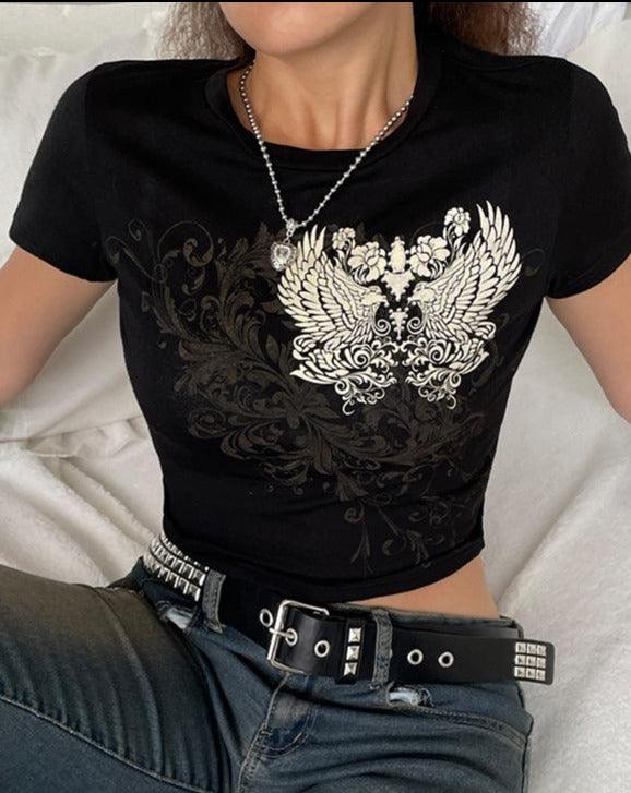 Rhinestone Heart Wing Graphic Crop Top Y2K Short Sleeve T-Shirt black –  KIWEKIWI